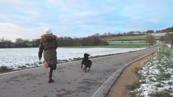 Sıcak Giyimli Bir Kadın Büyük Itaatkar Rottweiler Köpeği Için Küçük — Stok video