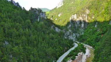 Dar, dolambaçlı bir dağ yolu, Rodop Dağları 'ndaki mavi bulutlu bir gökyüzünün altında yeşil yay dağ bitkilerinin bulunduğu dağ kanyonlarından geçer. UHD 4K video gerçek zamanlı