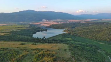 Bitki örtüsü ve ladin ile korunan yeşil dağ vadisi. Karanlık ormanlar. Küçük, eski bir sığır köyü olan Smolyan. UHD 4K video gerçek zamanlı