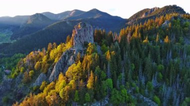 Yüksek kayadan eski köy kasabası Smolyan 'a sığır yürüyüşü için yeşil çayırlar ve ladin ormanlarıyla korunan Rodop Dağları' nın dağ sıraları arasındaki antik evler. UHD 4K video gerçek zamanlı