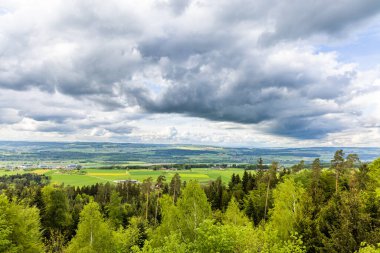 Yoğun bir yeşil orman manzarası, tarım tarlaları ekilmiş ve bulutlu gri gökyüzüne karşı vahşi alçak tepelerde köy evleri.