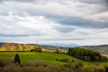 Uzun telekomünikasyon kulesi yüksek yeşil çimenler ve kuru ağaçlarla dolu bir tepede iletişim kurmak için karanlık dağların arka planına ve akşam güneşinde bulutlu gri bir gökyüzüne karşı.