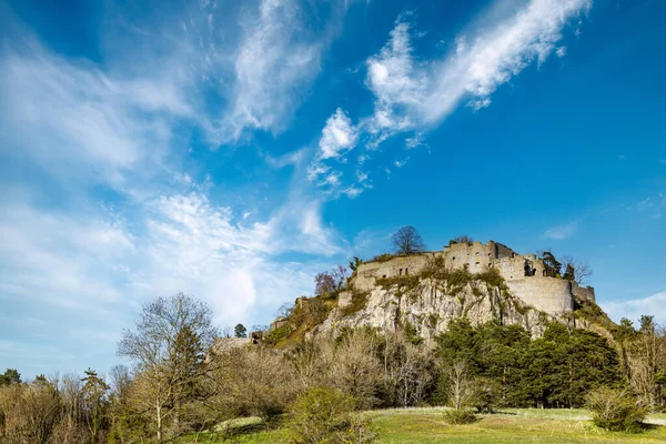 Tepesinde Tarihi Hohentwil Şatosunun Kalıntıları Olan Yüksek Yeşil Ağaçlık Bir — Stok fotoğraf