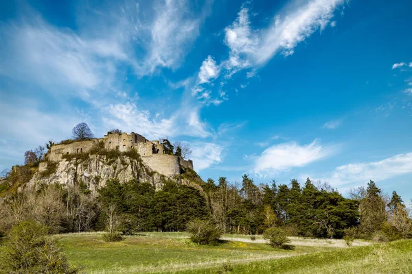 Tepesinde Tarihi Hohentwil Şatosunun Kalıntıları Olan Yüksek Yeşil Ağaçlık Bir — Stok fotoğraf
