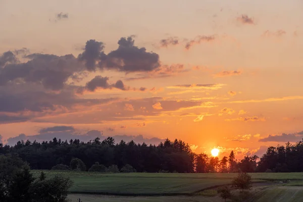 stock image Bright evening sunny sunset in a colorful clear cloudy sky over a hilly rural valley with dense dark mixed forests and wide green wheat fields