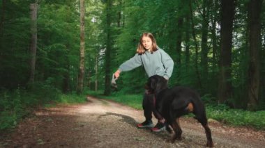Neşeli küçük kız yeşil bahar yaprak döken ormanında özel bir köpek oyuncağıyla komik siyah Rottweiler köpeğiyle güneş ışığında çamurlu bir yolda oynuyor. 4k video yavaş çekim UHD