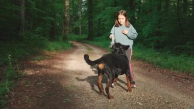 Neşeli küçük kız yeşil bahar yaprak döken ormanında özel bir köpek oyuncağıyla komik siyah Rottweiler köpeğiyle güneş ışığında çamurlu bir yolda oynuyor. 4k video yavaş çekim UHD
