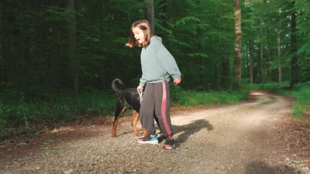 Chica Alegre Amable Jugando Con Divertido Perro Rottweiler Negro Grande — Vídeos de Stock