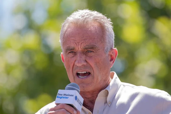 stock image Des Moines, Iowa / USA - August 12, 2023: Author and Democratic presidential candidate Robert F. Kennedy Jr. greets supporters at the Iowa State Fair political soapbox in Des Moines, Iowa.