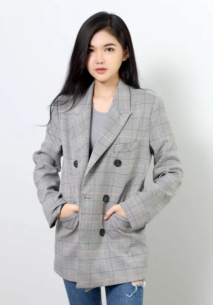 Businesswoman Fashion Everyday Working Grey Background — Stock Photo, Image