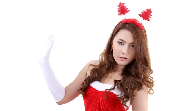 Natal Mas Inverno Conceito Felicidade Mulher Asiática Santa Fundo Branco — Fotografia de Stock