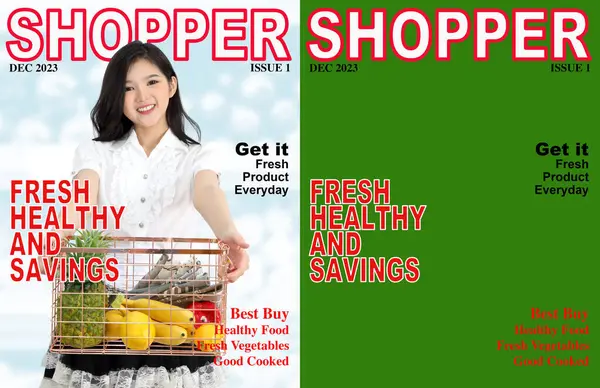 beautiful asian model on magazine cover and green background magazine cover