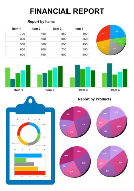 Küçük işletmeler için beyaz arka grup üzerinde grafik ve tablo içeren mali raporlar