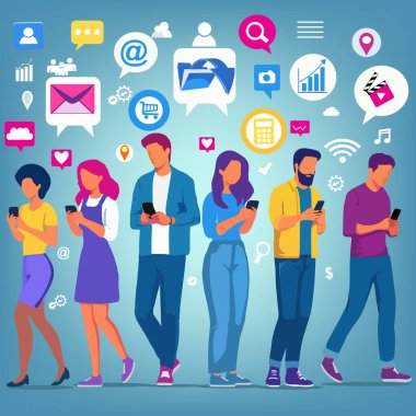 İnsanları mobil cihazlarıyla, uygulamalarla ve sosyal medyayla etkileşimleriyle, dijital bağlantıyı, çevrimiçi bağlantıyı ve modern iletişimi temsil eden bir vektör çizimi