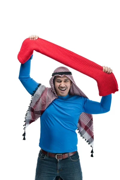 피에를가진 아시아 남자가 배경에 표정으로 스카프를 승리를 축하하는 — 스톡 사진