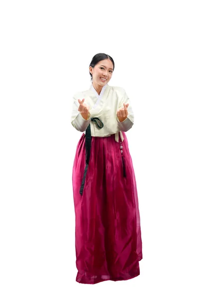Жінка Азії Одягнена Традиційний Корейський Національний Костюм Ханбок Стоїть Ізольована — стокове фото