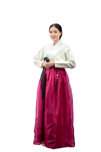 身穿传统韩国民族服装的亚洲女人汉博克站在白色的背景下孤立无援 — 图库照片