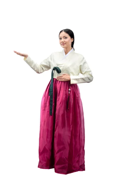 Ασιάτισσα Γυναίκα Παραδοσιακή Κορεάτικη Εθνική Ενδυμασία Hanbok Στέκεται Ανοιχτές Παλάμες — Φωτογραφία Αρχείου