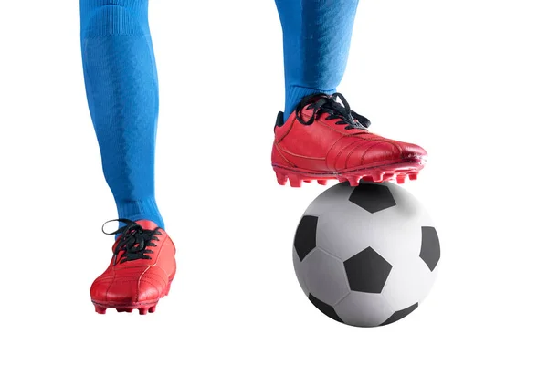 サッカー選手男で青いジャージにボールポーズ隔離された上に白い背景 — ストック写真