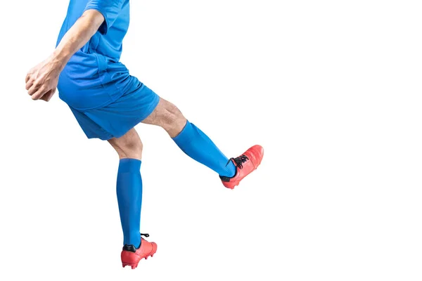 Ποδοσφαιριστής Άνθρωπος Μια Μπλε Φανέλα Στάση Του Κλοτσιές Της Μπάλας — Φωτογραφία Αρχείου