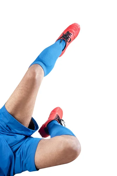Ποδοσφαιριστής Άνθρωπος Μια Μπλε Φανέλα Στάση Του Κλοτσιές Της Μπάλας — Φωτογραφία Αρχείου
