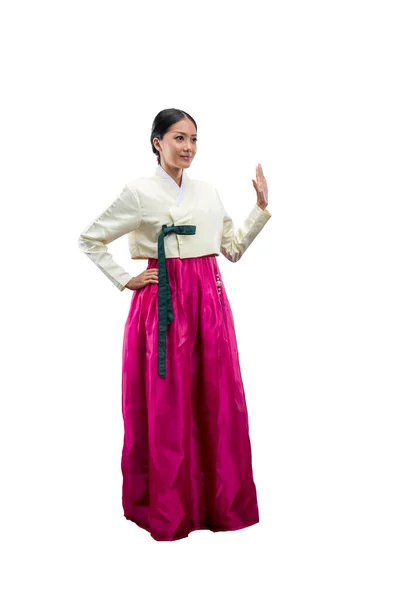 Wanita Asia Yang Mengenakan Kostum Tradisional Korea Hanbok Berdiri Terisolasi — Stok Foto
