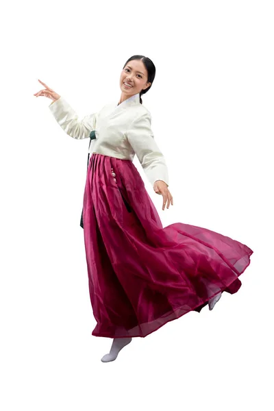 Geleneksel Kore Kıyafeti Giyen Asyalı Kadın Hanbok Beyaz Arka Planda — Stok fotoğraf
