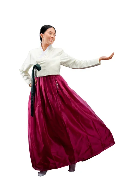 Asiatin Traditioneller Koreanischer Nationaltracht Hanbok Steht Mit Offenen Handflächen Und — Stockfoto