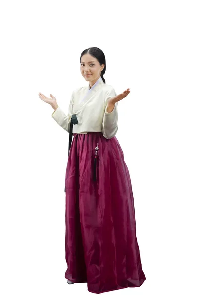 Geleneksel Bir Kore Kıyafeti Giyen Asyalı Kadın Hanbok Avuç Içi — Stok fotoğraf