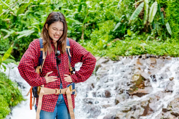 Asian Woman Backpack Feeling Stomach Ache While Walking Forest — Stock Photo, Image