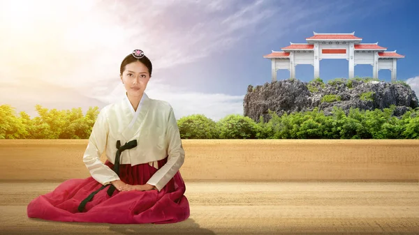 Mujer Asiática Vestida Con Traje Nacional Coreano Tradicional Hanbok Sentada — Foto de Stock