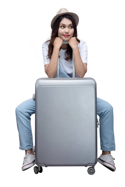 Asian Woman Hat Sitting Suitcase Isolated White Background — Stock Photo, Image