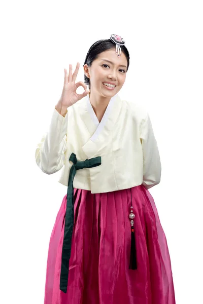 Ασιάτισσα Γυναίκα Παραδοσιακή Κορεάτικη Εθνική Ενδυμασία Hanbok Στέκεται Απομονωμένη Λευκό — Φωτογραφία Αρχείου