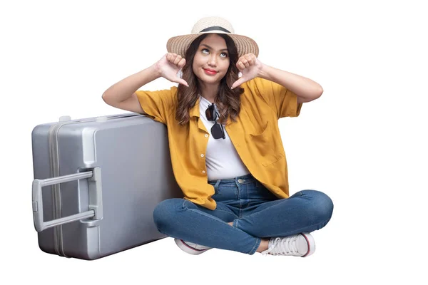 Asian Woman Hat Suitcase Sitting Unhappy Expression Isolated White Background — Stock Photo, Image
