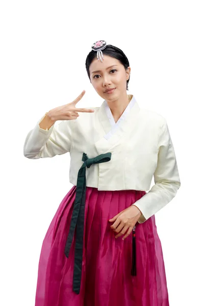 Asiatisk Kvinna Bär Traditionell Koreansk Nationaldräkt Hanbok Stående Isolerad Över — Stockfoto