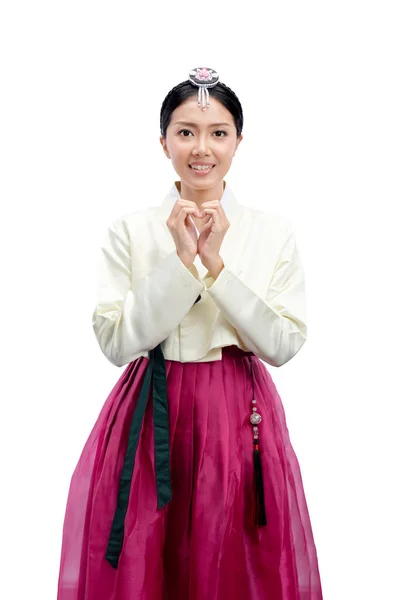 Asian Woman Wearing Traditional Korean National Costume Hanbok Standing Isolated — Stock Photo, Image