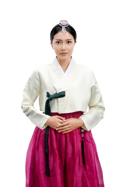 Azjatka Tradycyjnym Koreańskim Stroju Narodowym Hanbok Stojąca Białym Tle — Zdjęcie stockowe