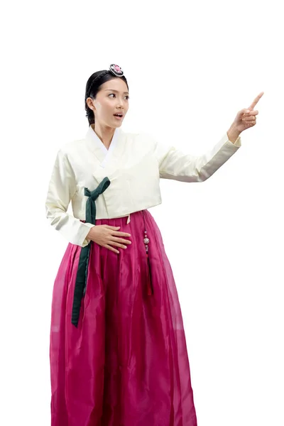 Aziatische Vrouw Draagt Een Traditionele Koreaanse Nationale Kostuum Hanbok Staan — Stockfoto