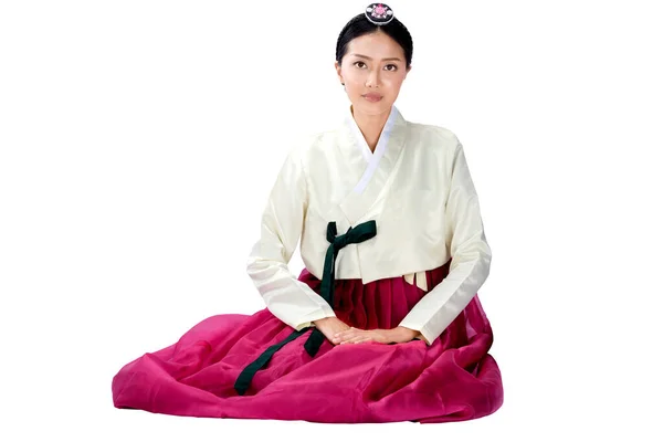 Aziatische Vrouw Draagt Een Traditionele Koreaanse Nationale Kostuum Hanbok Zitten — Stockfoto