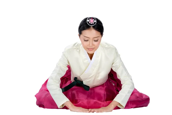 Mujer Asiática Vestida Con Traje Nacional Coreano Tradicional Hanbok Sentada — Foto de Stock