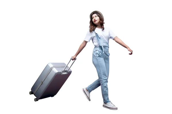 Asian Woman Hat Carrying Suitcase Isolated White Background — Stock Photo, Image