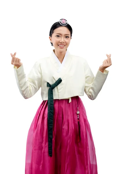 Ασιάτισσα Γυναίκα Παραδοσιακή Κορεάτικη Εθνική Ενδυμασία Hanbok Στέκεται Απομονωμένη Λευκό — Φωτογραφία Αρχείου