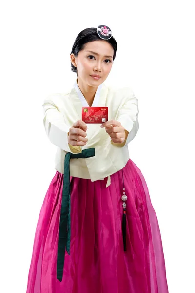 Wanita Asia Yang Mengenakan Kostum Tradisional Korea Hanbok Berdiri Sambil — Stok Foto