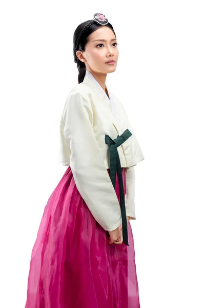 Azjatka Tradycyjnym Koreańskim Stroju Narodowym Hanbok Stojąca Białym Tle — Zdjęcie stockowe