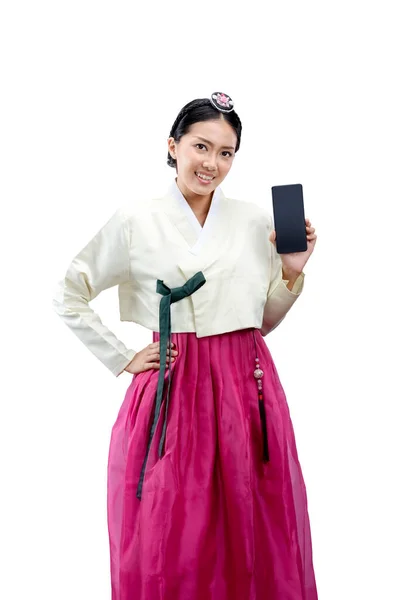 Geleneksel Kore Kostümü Giyen Asyalı Kadın Hanbok Beyaz Arka Planda — Stok fotoğraf