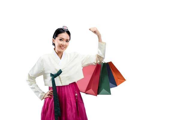 Asiatin Traditioneller Koreanischer Nationaltracht Hanbok Steht Mit Einer Einkaufstasche Vor — Stockfoto