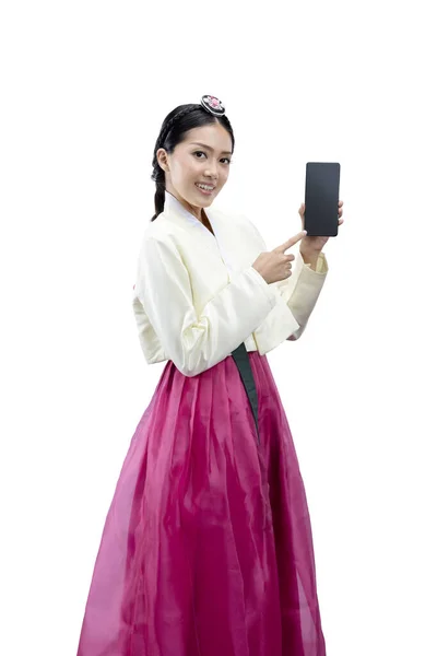 Mulher Asiática Vestindo Traje Tradicional Coreano Nacional Hanbok Mostrando Tela — Fotografia de Stock