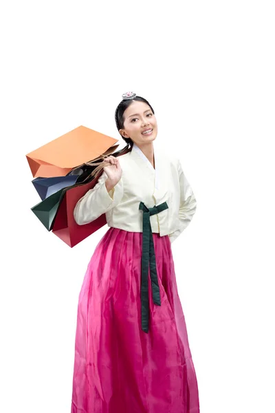 Aziatische Vrouw Het Dragen Van Een Traditionele Koreaanse Nationale Kostuum — Stockfoto