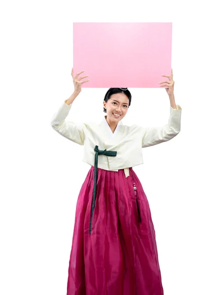 Geleneksel Bir Kore Kostümü Giyen Asyalı Kadın Hanbok Elinde Beyaz — Stok fotoğraf