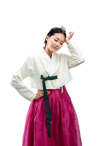 Asian Woman Wearing Traditional Korean National Costume Hanbok Feeling Headache — Stock Photo, Image
